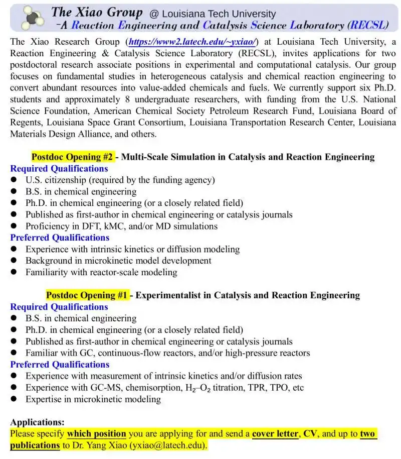 Image from World Scholarships 👩🏫 : *📢 Postdoc Opportunities at Louisiana Tech University – The Xiao Grou...