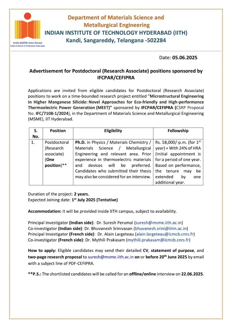 Image from Physics Aspirants: Postdoc position at IIT Hyderabad Project title: Microstructural Engi...