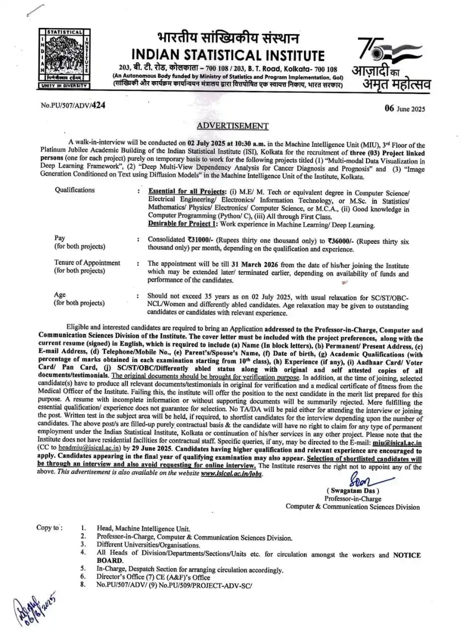 Image from Physics Aspirants: Project position at ISI Kolkata  A walk-in-interview will be conducted...