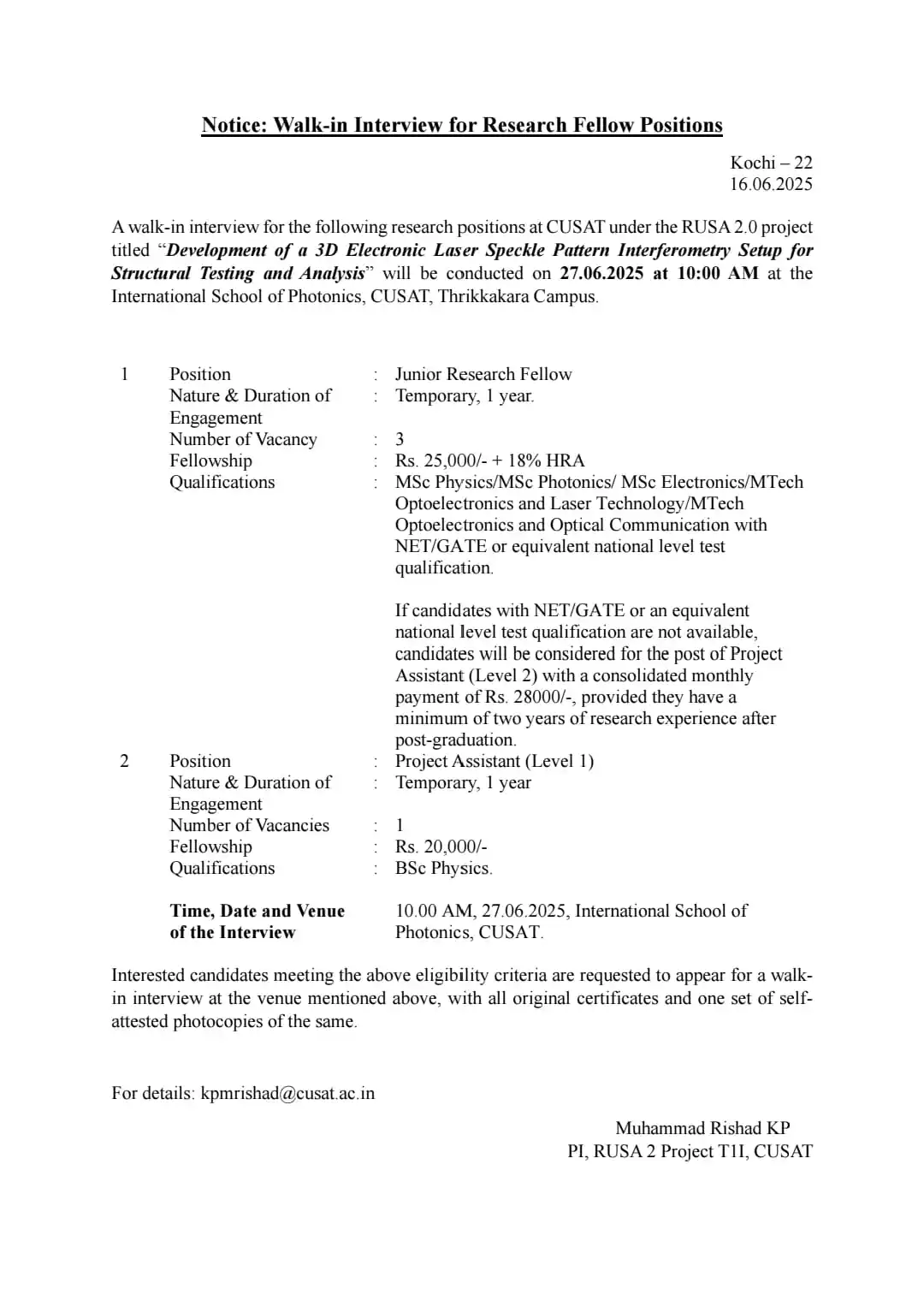 Image from Physics Aspirants: Project positions at CUSAT Project title: Development of a 3D Electro...