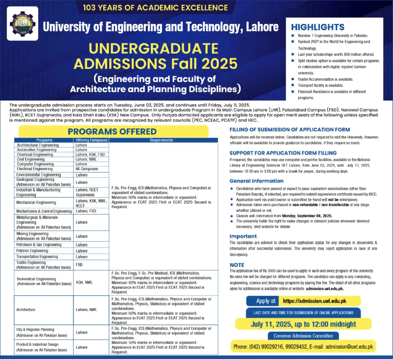 Image from Educational Updates 〽️: 💢 *University of Engineering & Technology (UET), Lahore* `Lahore | Ka...