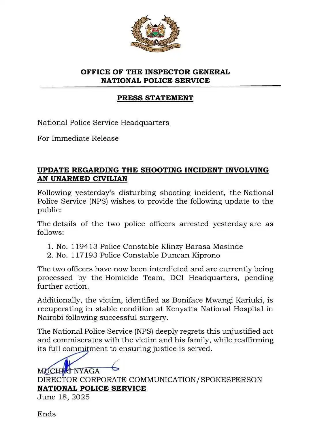 Image from One Kenya Network - TV Digital: UPDATE: The National Police Service has revealed the identities of the...