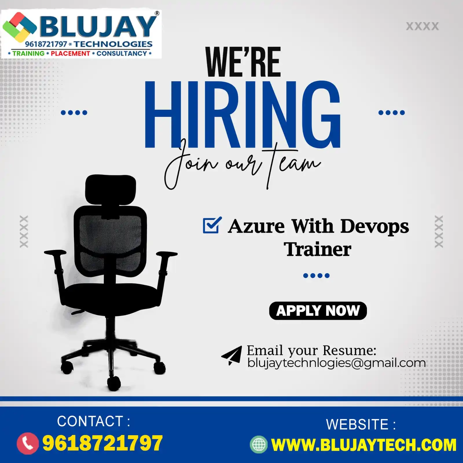 Image from Blujay Technologies !! Trainings | placements| Consulting : 🚀 We’re Hiring – Azure with DevOps Trainer! Blujay Technologies is lo...
