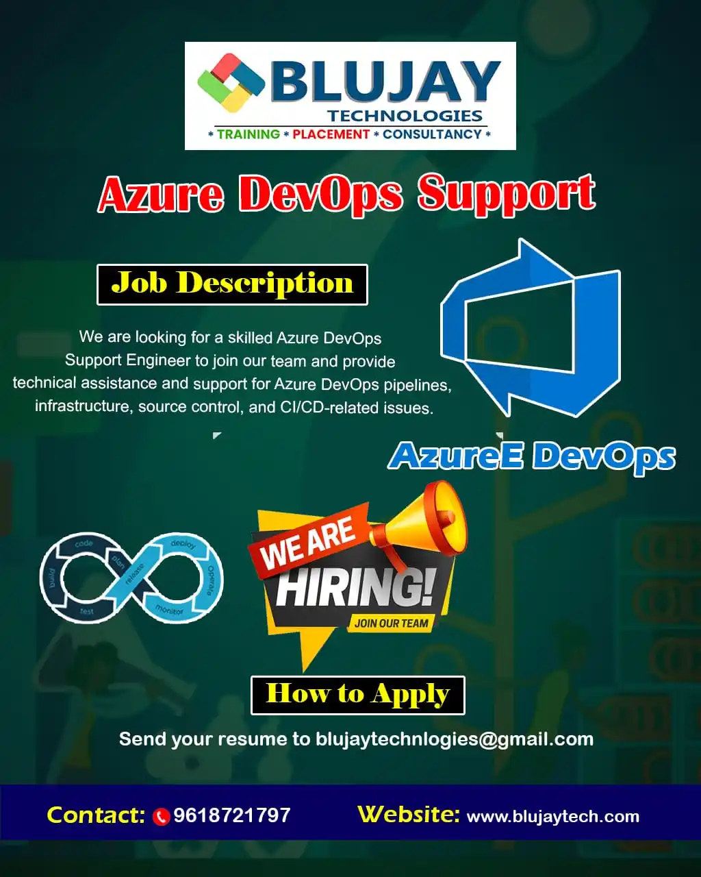Image from Blujay Technologies !! Trainings | placements| Consulting : 🚀 We're looking for 🔧 Azure DevOps Support Engineer 📍 Remote | Full...