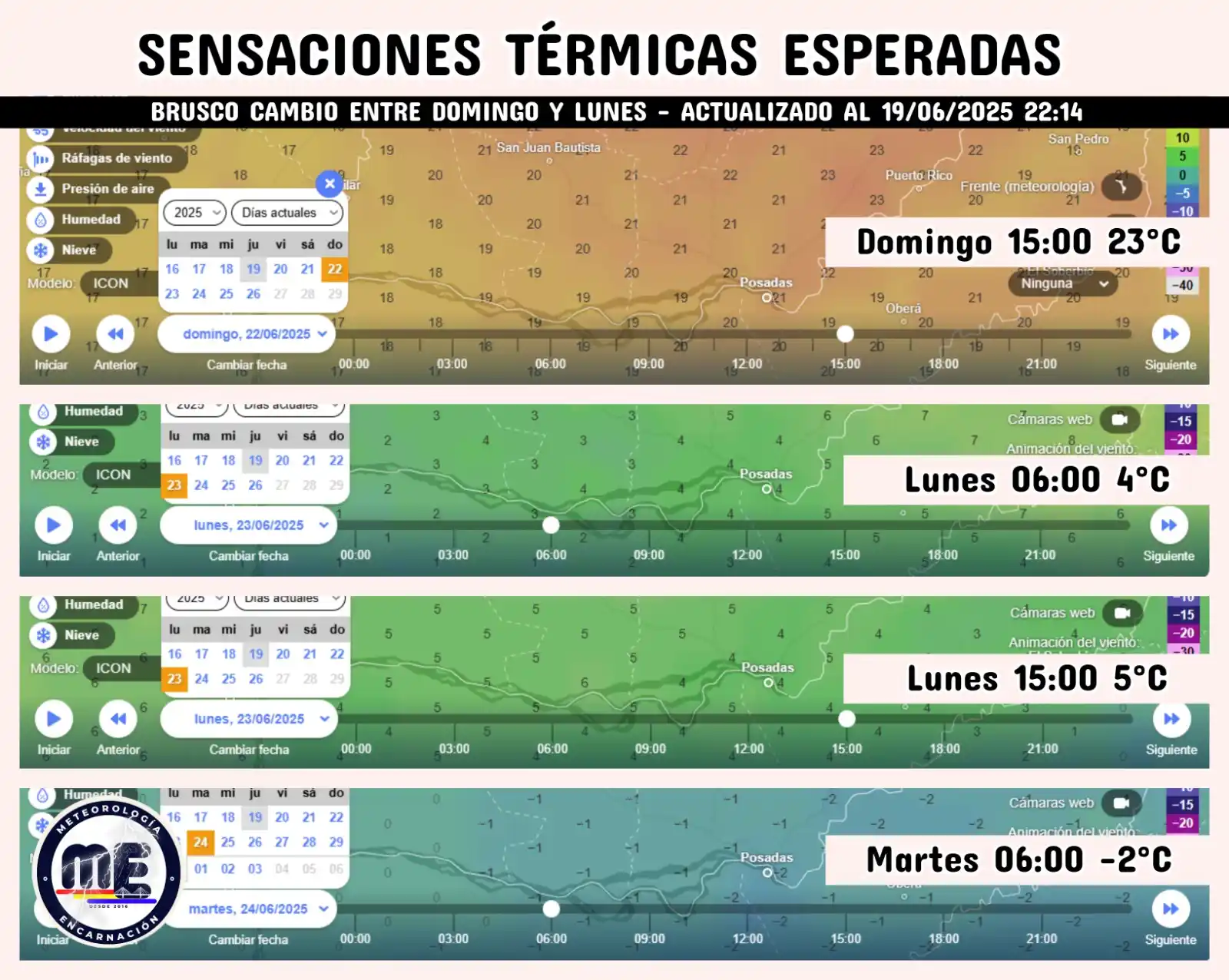 Image from Meteorología Encarnación: 🥶 A partir del final del domingo ingresan vientos moderados del sur c...