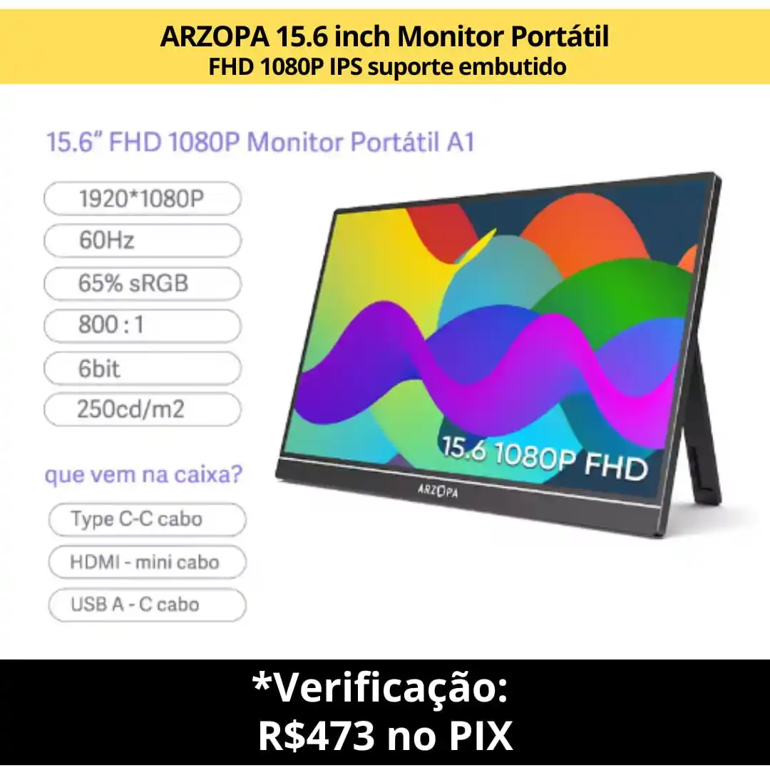 Image from Especialista em TI - Ofertas: 🔥 *ARZOPA 15.6 inch Monitor Portátil FHD 1080P IPS suporte embutido* ...