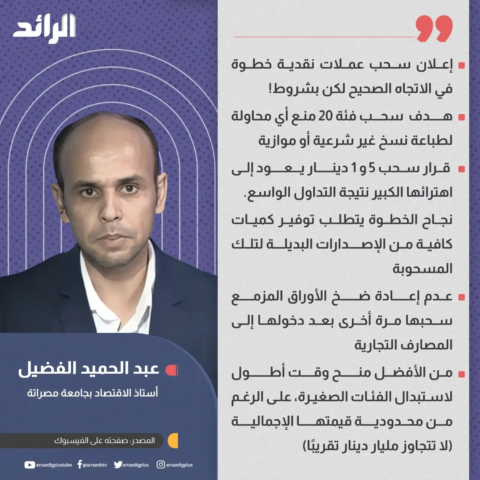 Image from شبكة الرائد الإعلامية: أستاذ الاقتصاد بجامعة مصراتة عبد الحميد الفضيل يقول إن إعلان سحب عملات...