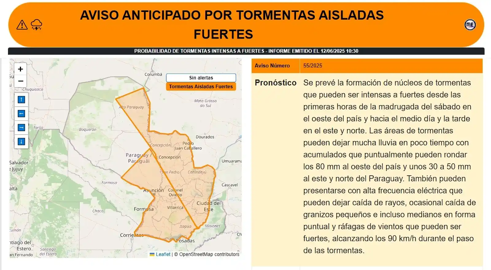 Image from Meteorología Encarnación: 🔊 Aviso anticipado por Tormentas Aisladas Fuertes.  Se prevé la forma...