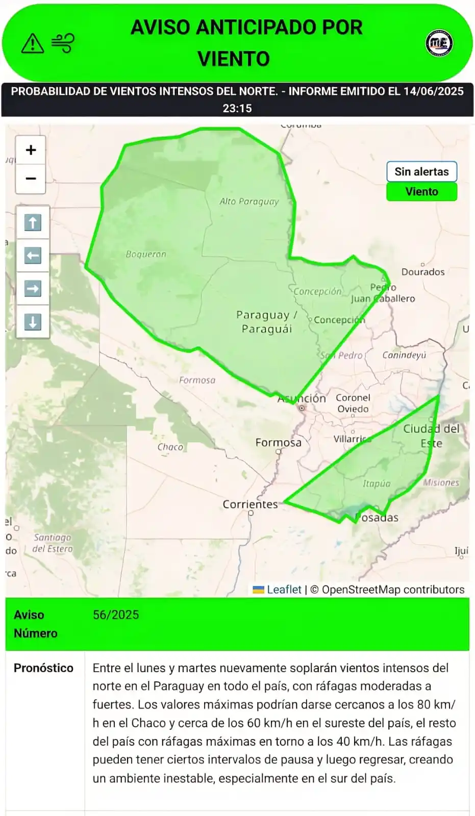 Image from Meteorología Encarnación: 🔊 Aviso anticipado por Viento.  Entre el lunes y martes nuevamente so...