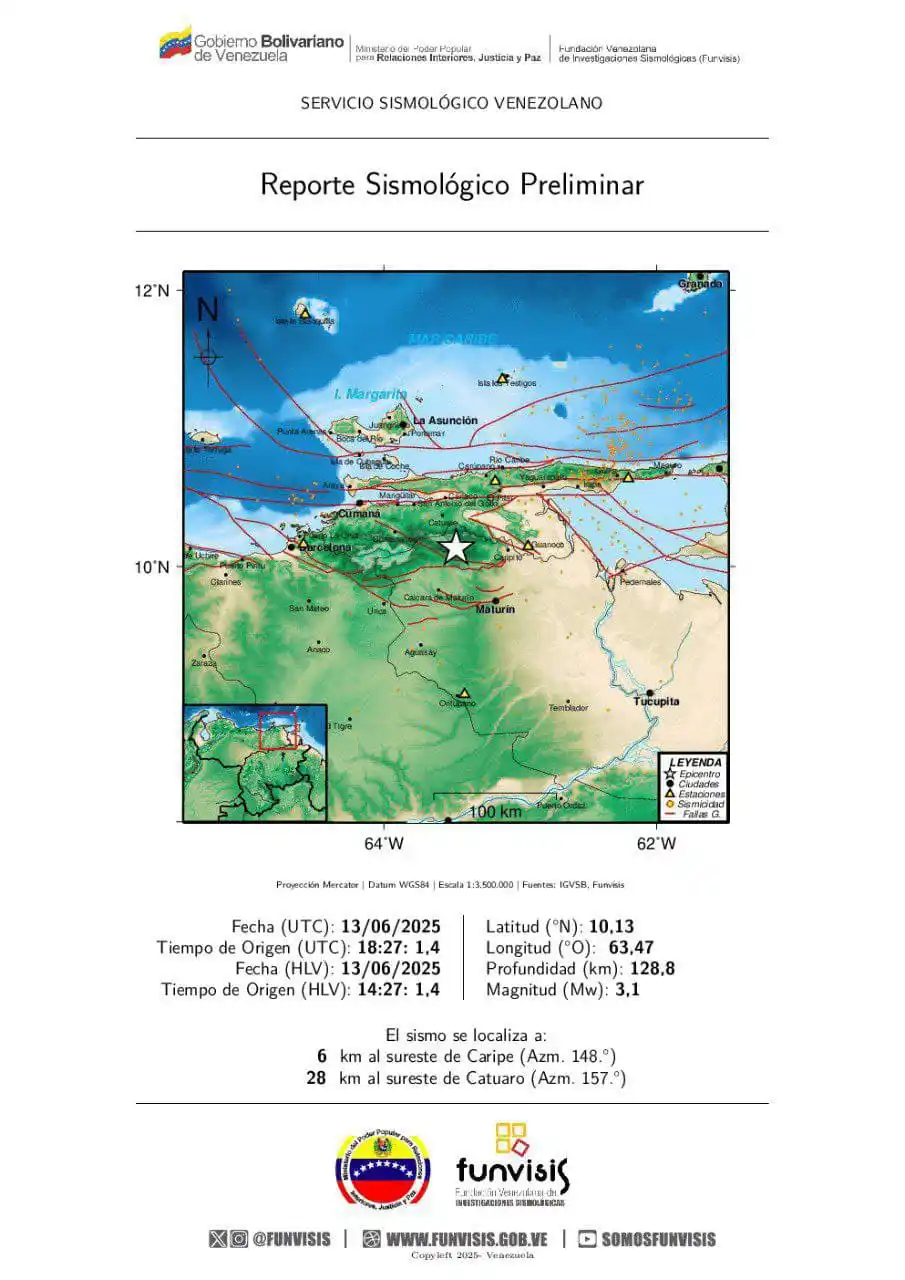 Image from @PCAD_Sucre_Ve: FUNVISIS Sismo 13/06/2025 14:27 Mag (Mw): 3.1 Prof: 128....