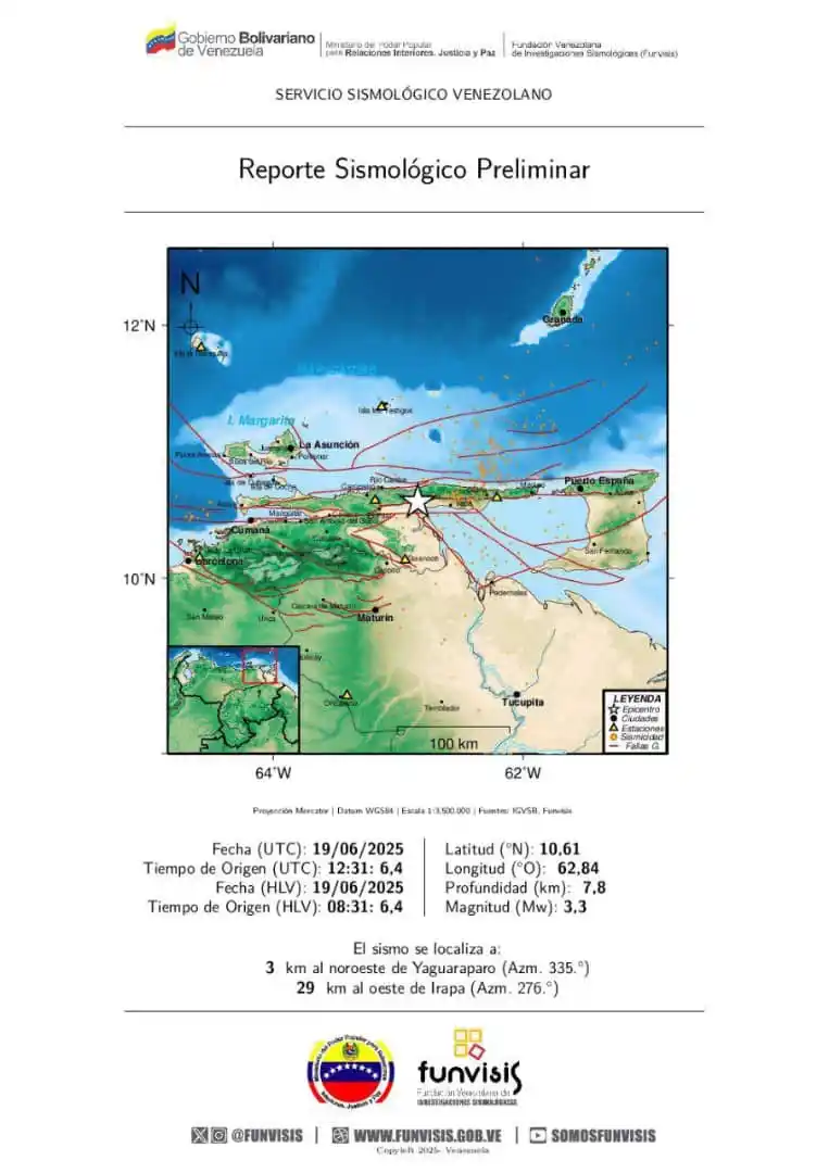 Image from @PCAD_Sucre_Ve: FUNVISIS          Sismo   19/06/2025 08:31 Mag (Mw): 3.3 Prof: 7.8 km ...