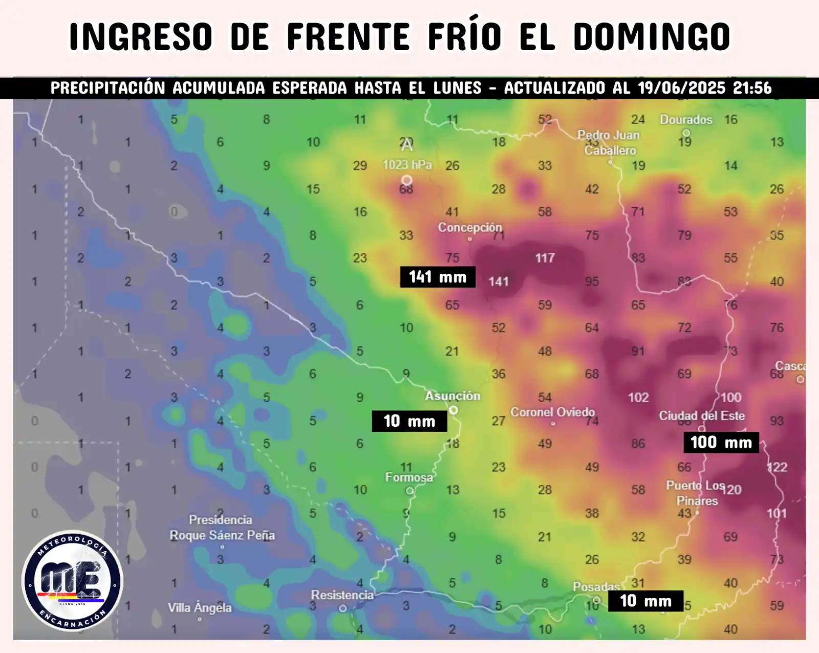 Image from Meteorología Encarnación: 🌧 INGRESO DE FRENTE FRÍO TRAERÁ MÁS LLUVIAS  1️⃣132.7 mm llovió en En...