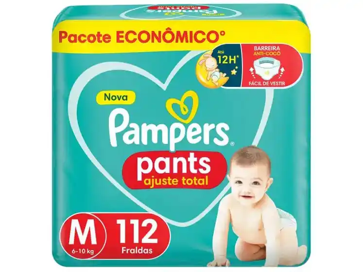 Image from Pechincha Brasil: 🛒 Fralda Calça Pampers Pants Ajuste Total Tam. M 6 a 10kg 112 Unidade...