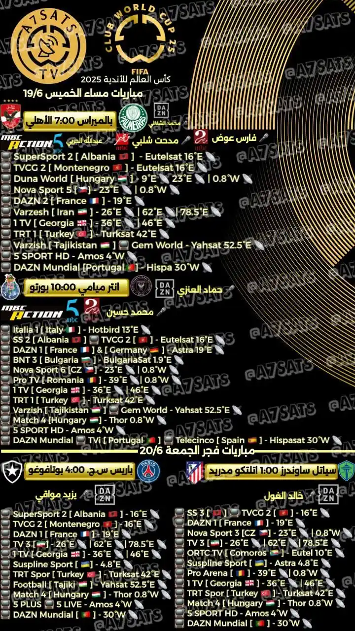 Image from A7Sats 📡: جدول القنوات العربية و العالمية الناقلة لمباريات  🗓️ الخميس | 19-06-2...