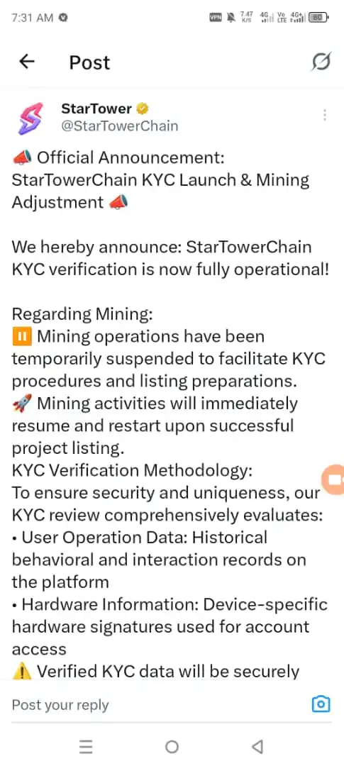 Image from ☀ Easy Crypto Update 🤑: 📣 Official Announcement: StarTowerChain KYC Launch & Mining Adjustmen...