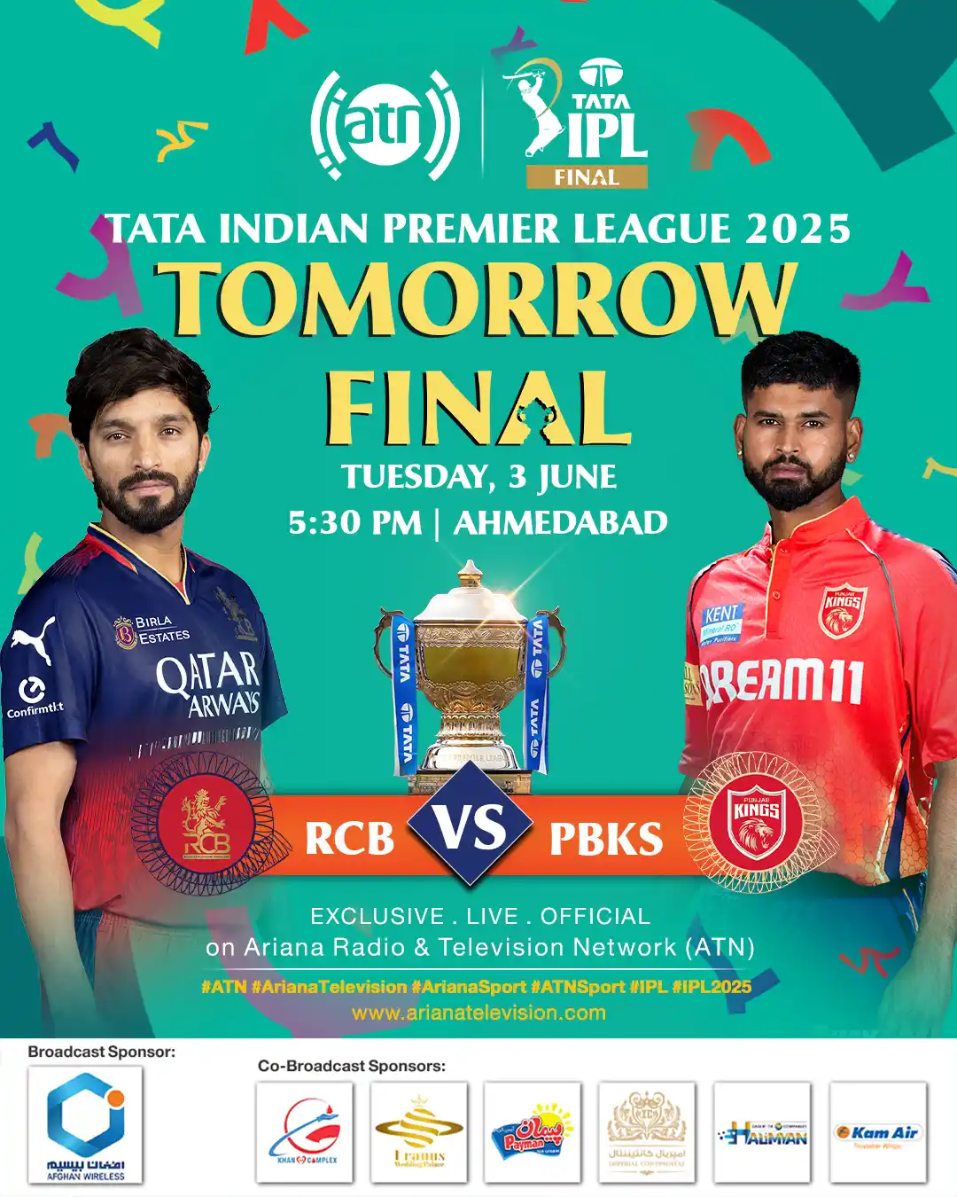 Image from Ariana Television : TATA INDIAN PREMIER LEAGUE 2025 🏏 Royal Challengers Bengaluru vs Punj...