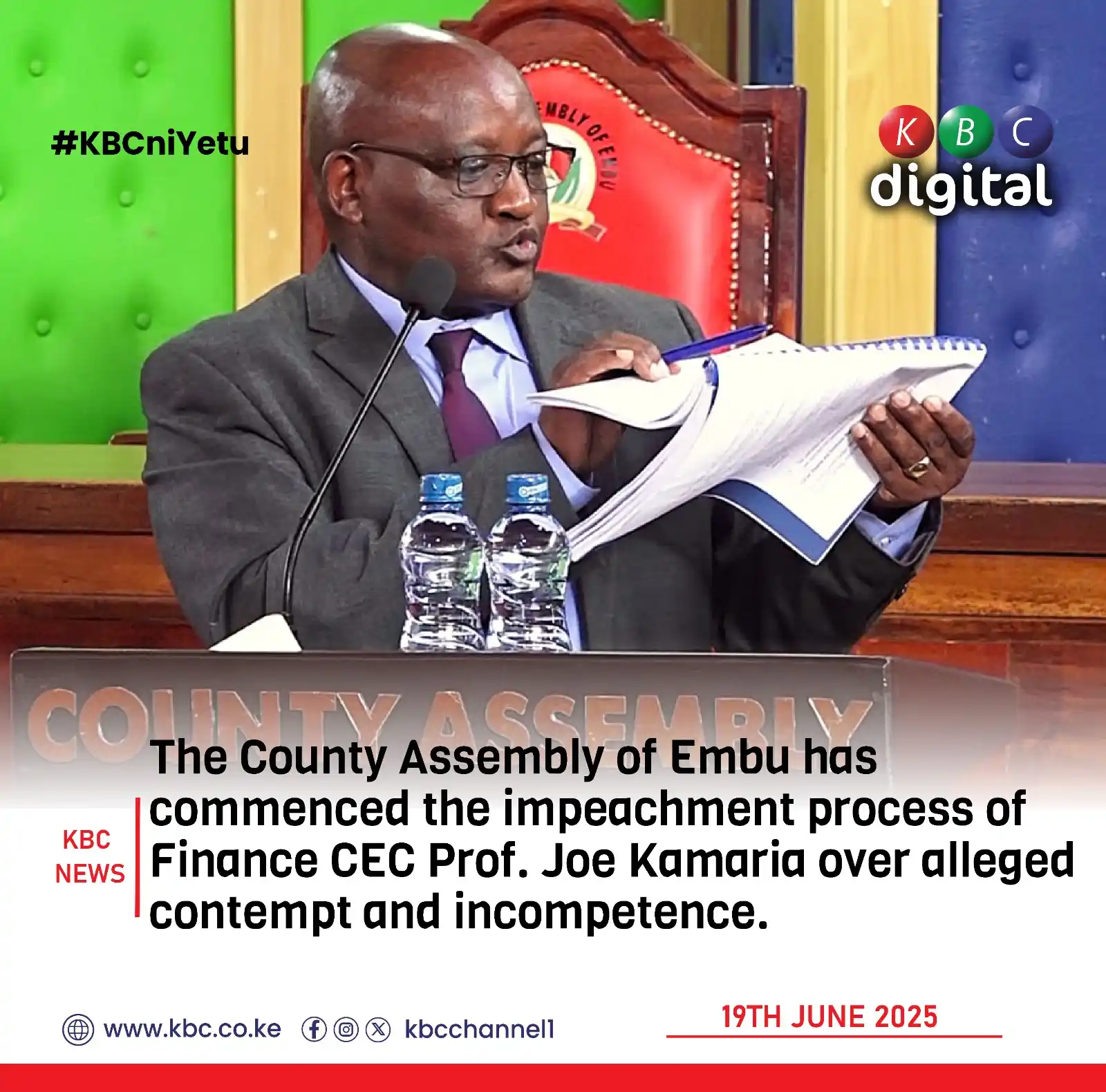 Image from KBC Digital: The County Assembly of Embu has commenced the impeachment process of F...