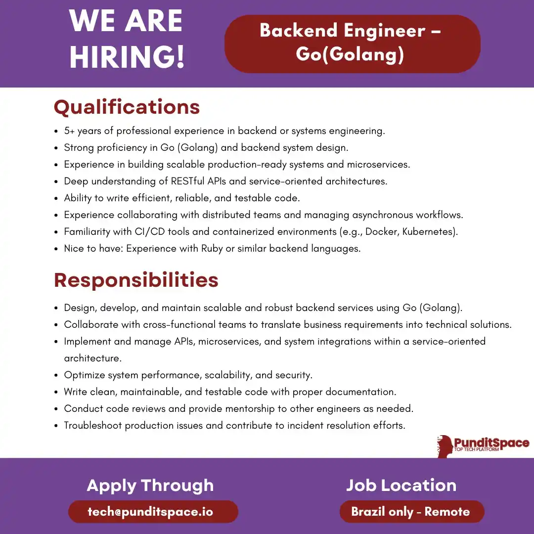 Image from The Tech Hut Community: Hiring Alert – Backend Engineer (Golang) 📍 Location: Brazil only | 💼...