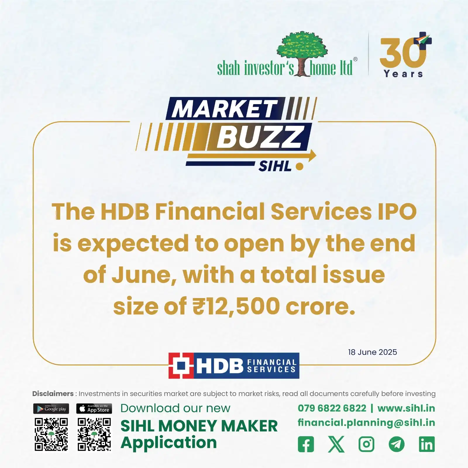 Image from Shah Investors Home Ltd: Market Buzz - The HDB Financial Services IPO is expected to open y the...