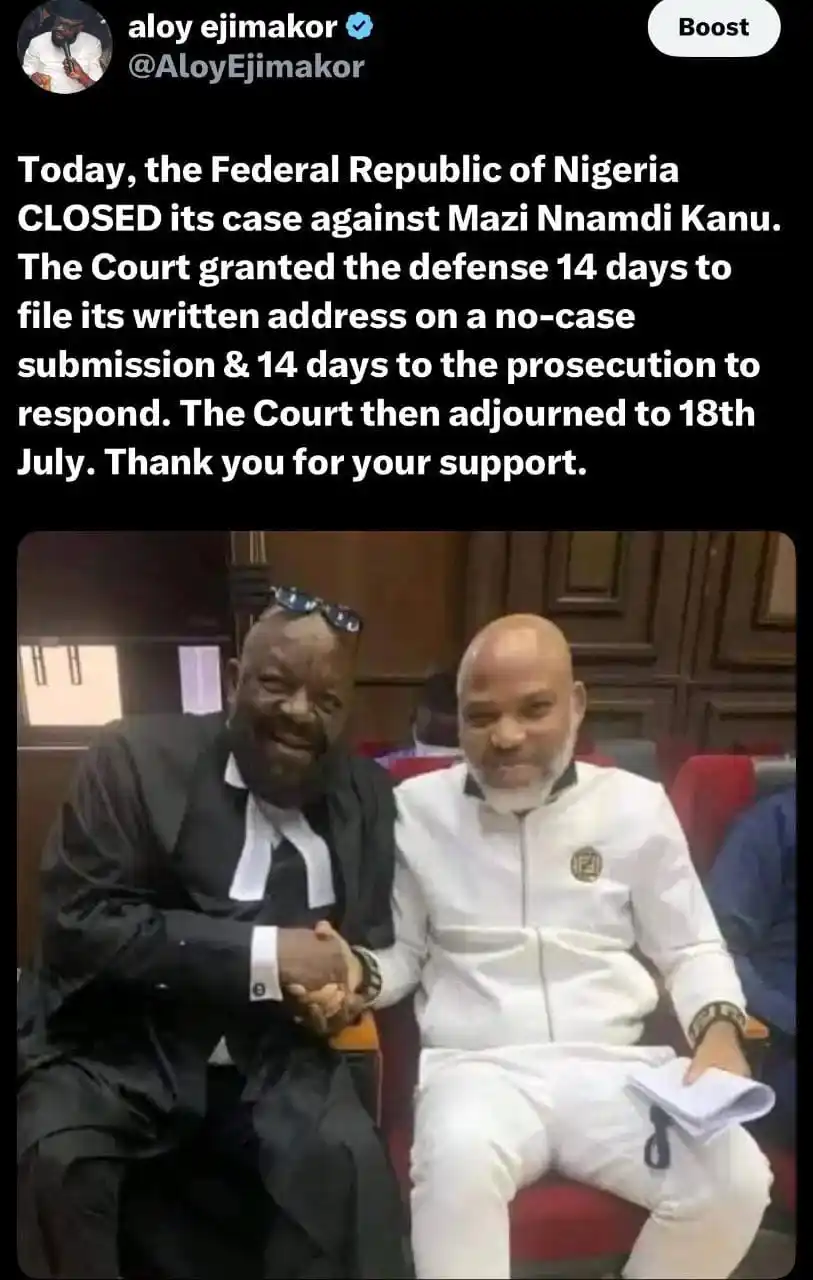 Image from UMUAKA NEWS24: *NNAMDI KANU' CASE ADJOINED TO 18TH JULY* https://whatsapp.com/channe...