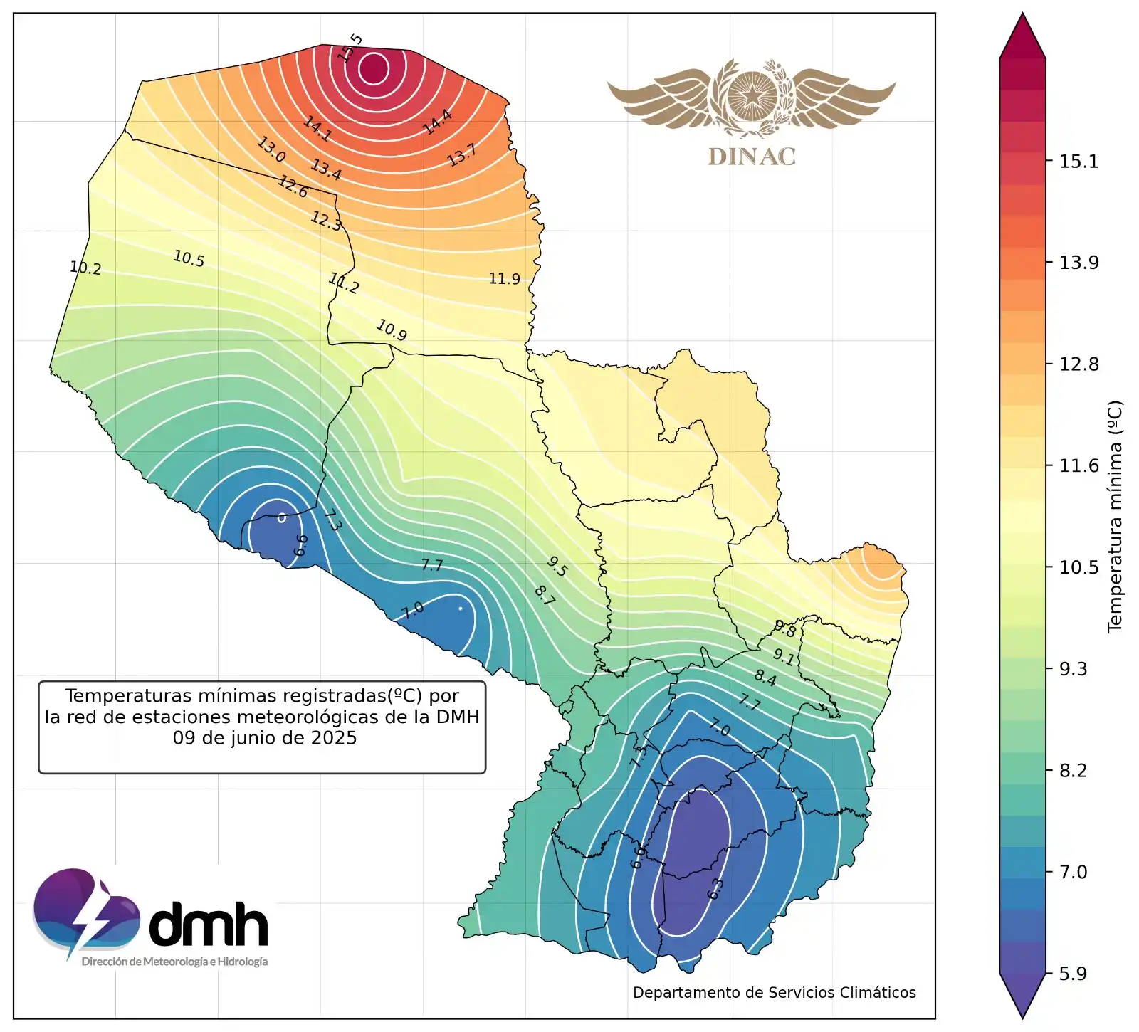 Image from DMH-DINAC_Paraguay: 🌡️📷 [09/06/2025] Te presentamos la distribución espacial de las temp...