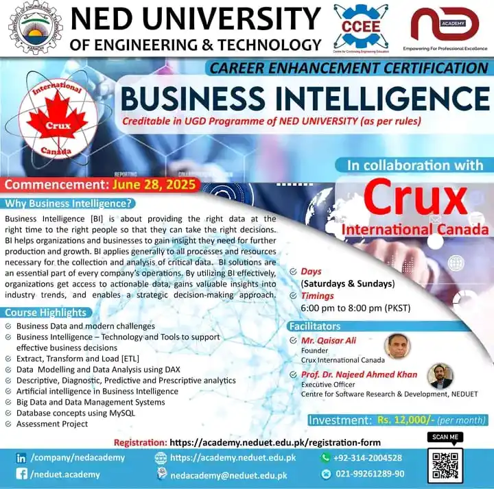 Image from NED ACADEMY (Official) - NED University of Engineering & Technology, Karachi: 2-month Professional Certification in Business Intelligence offered by...