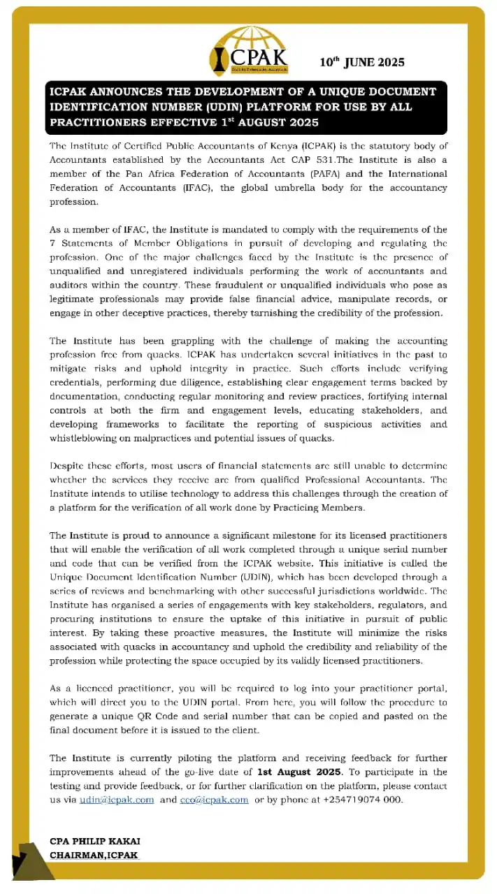 Image from ICPAK OFFICIAL CHANNEL: 📢 Attention ! ICPAK has developed the Unique Document Identific...