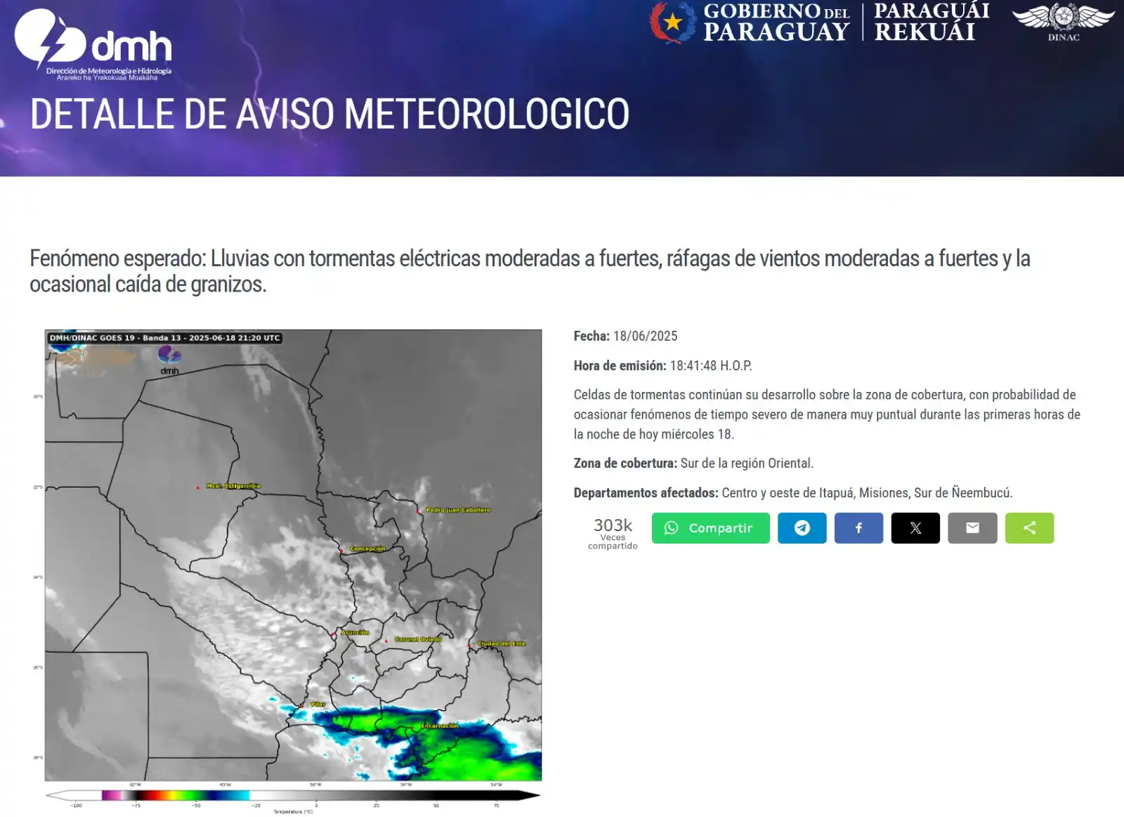 Image from DMH-DINAC_Paraguay: Aviso Meteorológico N°: 738/2025 Emitido. Enlace: https://www.meteorol...