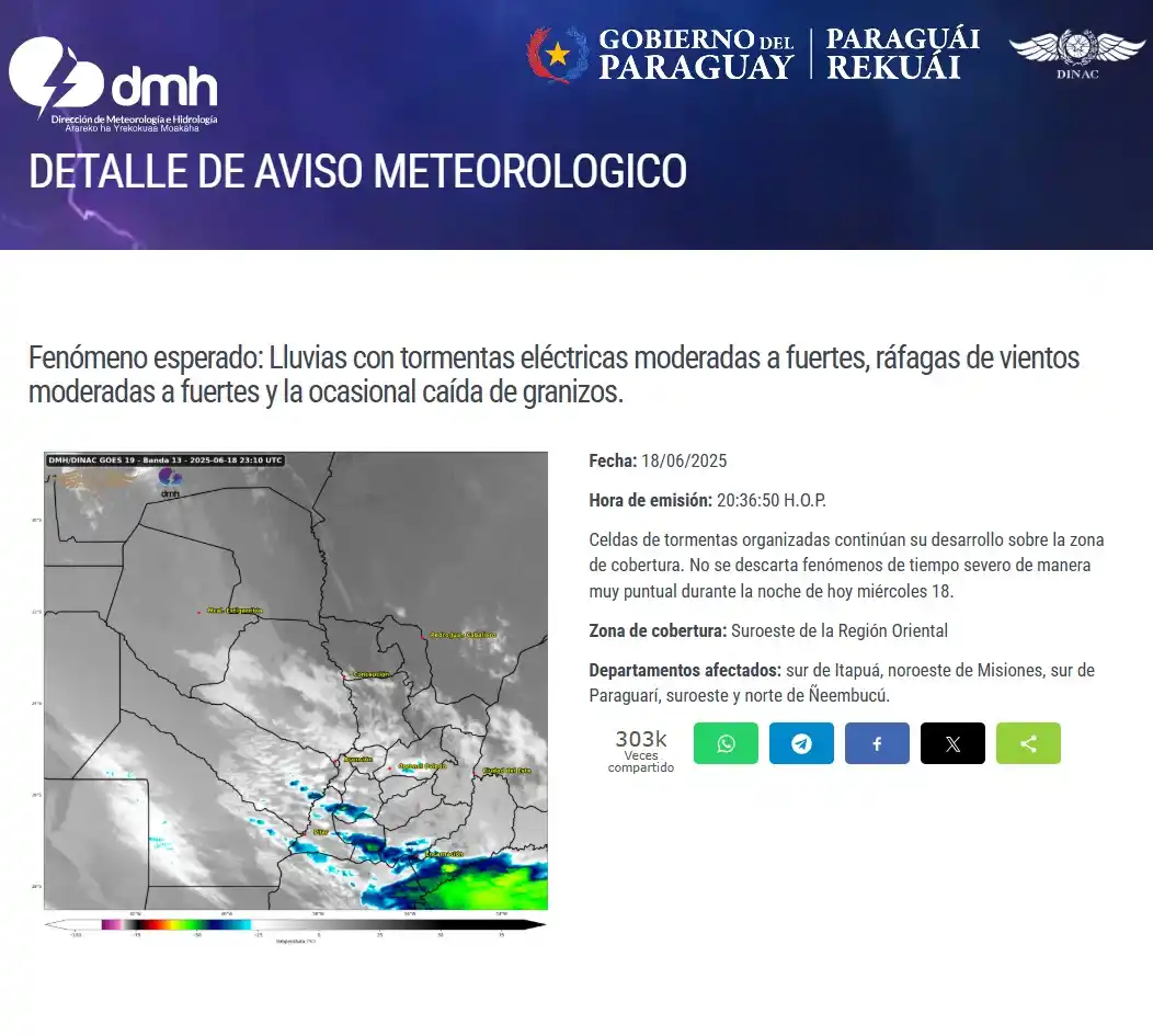 Image from DMH-DINAC_Paraguay: Aviso Meteorológico N°: 739/2025 Emitido. Enlace: https://www.meteorol...