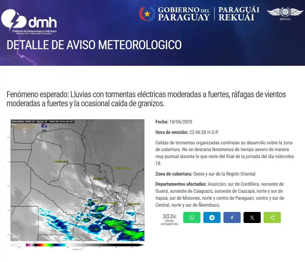 Image from DMH-DINAC_Paraguay: Aviso Meteorológico N°: 741/2025 Emitido. Enlace: https://www.meteorol...