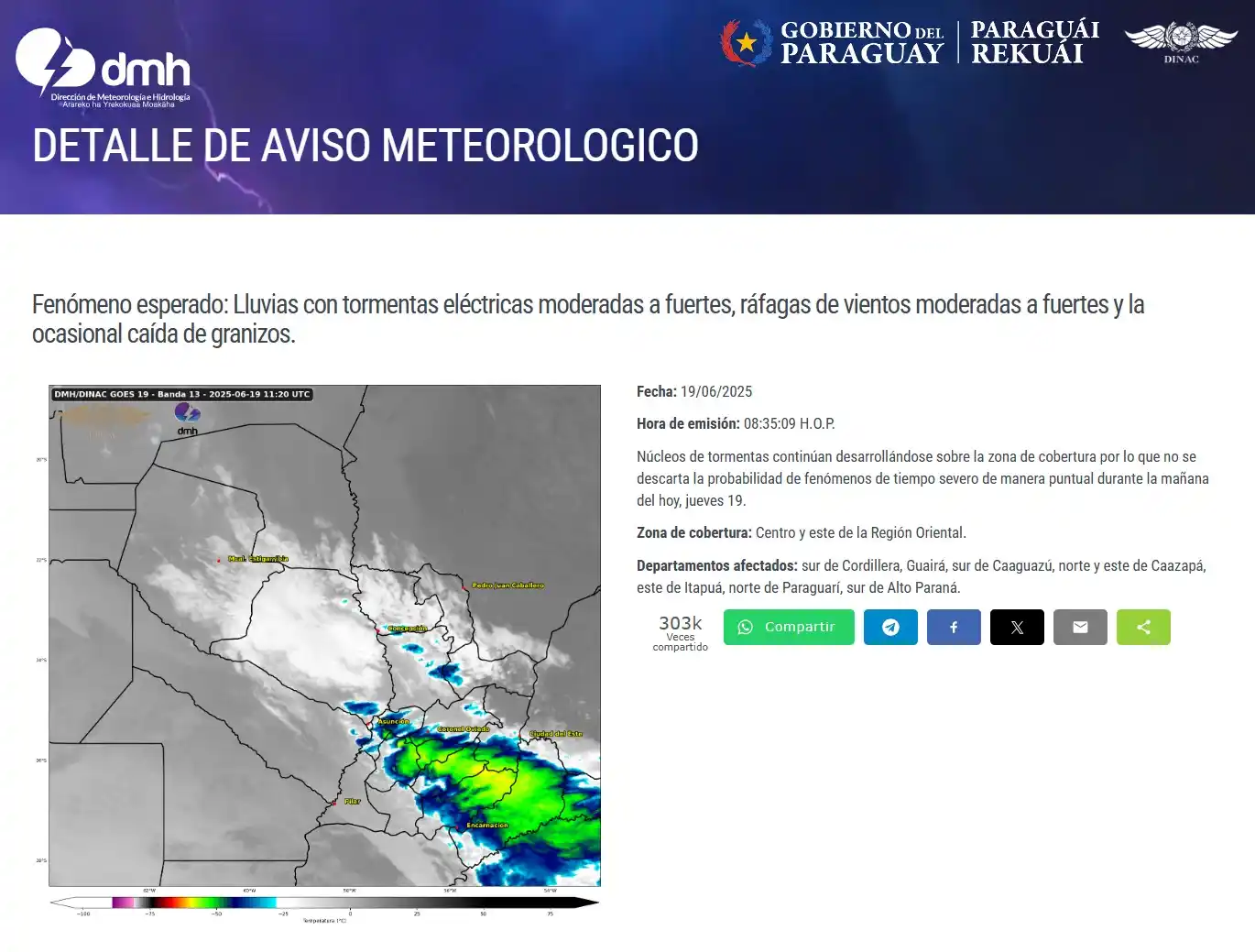 Image from DMH-DINAC_Paraguay: Aviso Meteorológico N°: 745/2025 Emitido. Enlace: https://meteorologia...