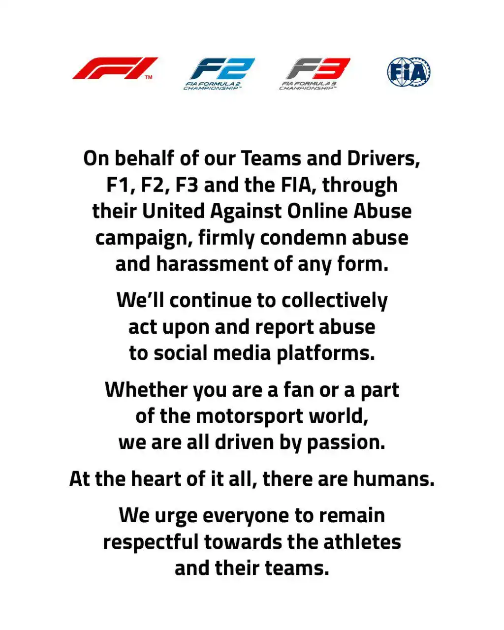 Image from Formula 1 Venezuela 🇻🇪🏁: 🏁 🚨 F1, F2, F3 y FIA emiten un comunicado conjunto contra el abuso e...