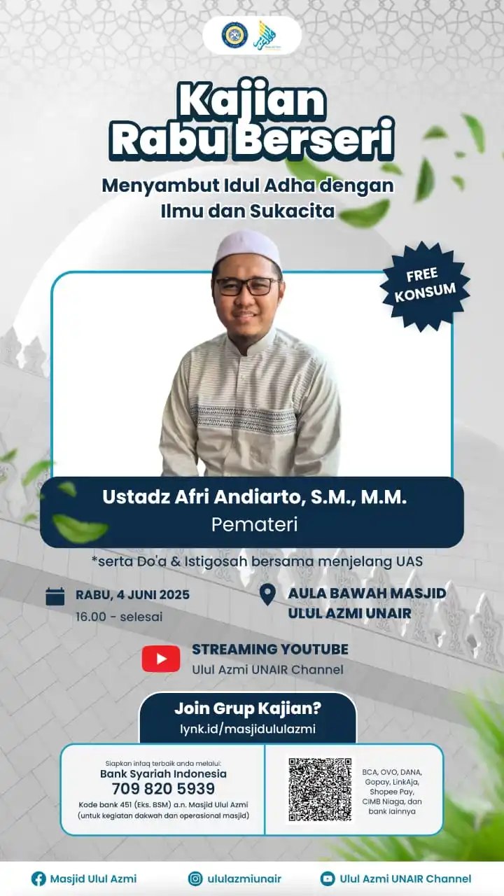 Image from MASJID ULUL 'AZMI CHANNEL: *[Kajian Rabu Berseri]* Assalamualaikum sahabat taat 😊  Idul Adha buk...