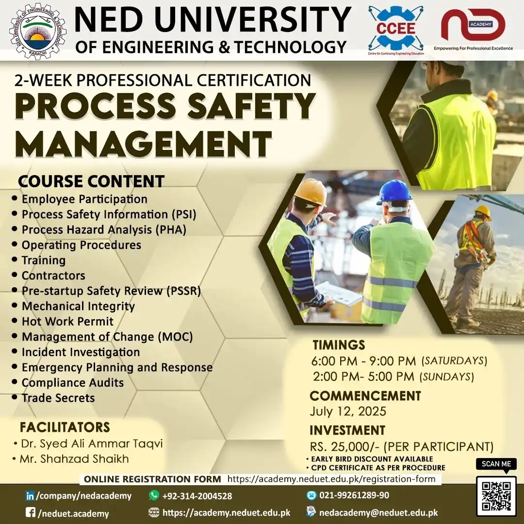 Image from NED ACADEMY (Official) - NED University of Engineering & Technology, Karachi: Master Process Safety Management for Operational Excellence! Upgrade y...