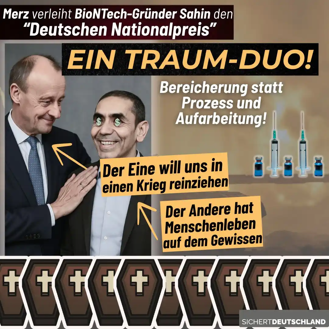 Image from Martin Sichert Infokanal: Merz und Sahin: Beide opfern Menschenleben!  Merz lobt die BioNTech-Gr...