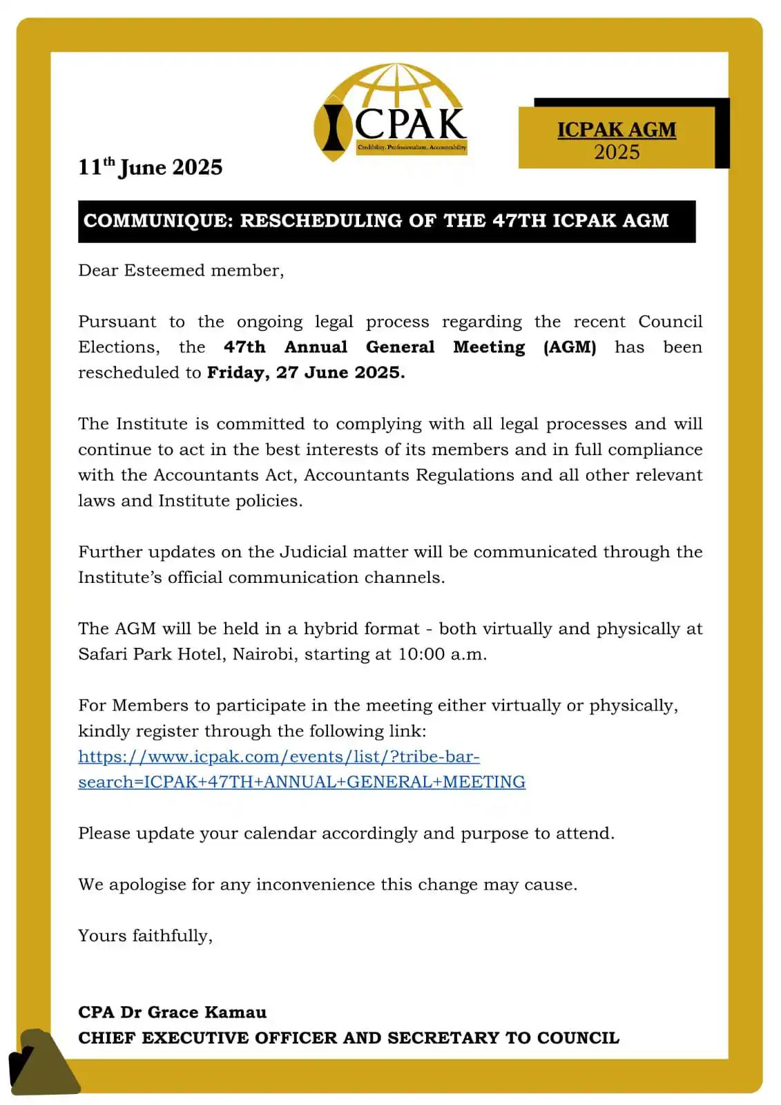 Image from ICPAK OFFICIAL CHANNEL: 📢 OFFICIAL UPDATE: RESCHEDULING OF THE 47TH ICPAK ANNUAL GENERAL MEET...