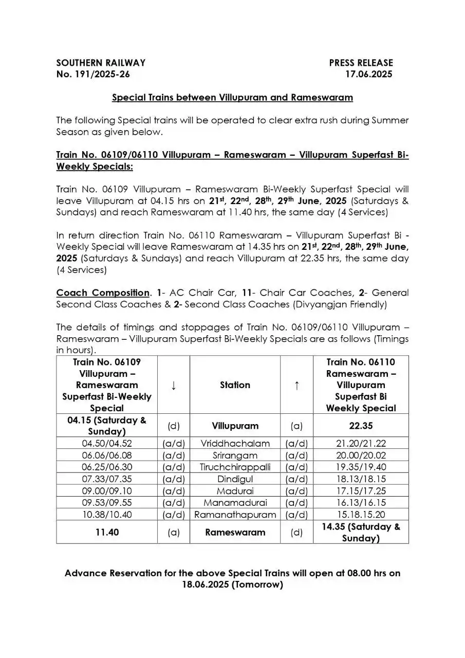 Image from CSC & E Sevai: *Special Trains will be operated between Villupuram – Rameswaram – Vil...