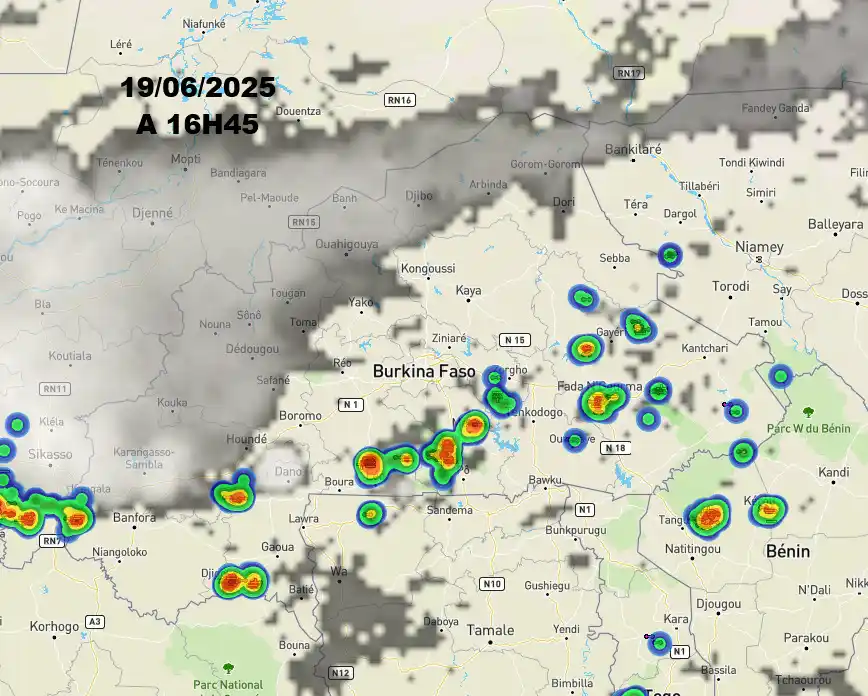 Image from METEO-Burkina (ANAM): ⚠️ Alerte Météo du Jeudi 19 juin 2025 à 16h45 ⚠️ 🌩️ Des orages et des...