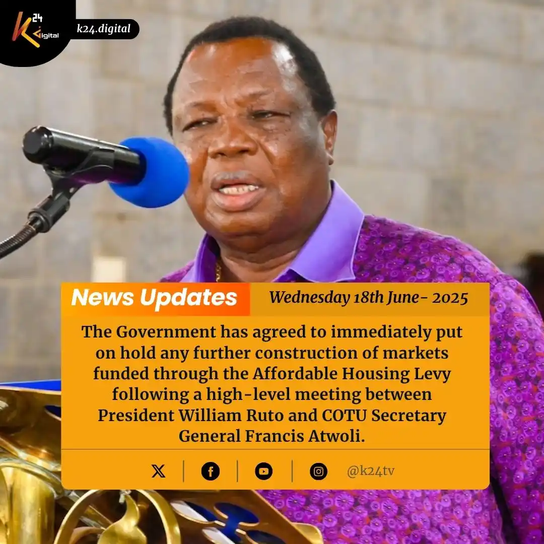 Image from K24TV: Govt blinks first in Housing Levy clash with COTU Read the full story...
