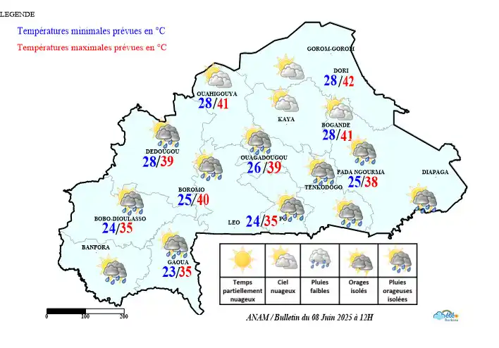 Image from METEO-Burkina (ANAM): ℹ️ Météo du 08 Juin 2025 (valable jusqu’au 09 Juin à 12h)  🌬️ L’ensem...