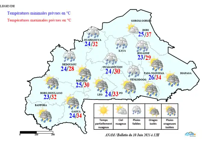 Image from METEO-Burkina (ANAM): ℹ️ Météo du 10 juin 2025 (valable jusqu’au 11 juin à 12h) ☁️ Le ciel s...
