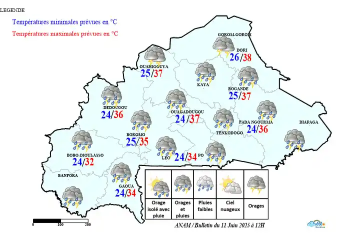 Image from METEO-Burkina (ANAM): ℹ️ Météo du 11 juin 2025 à 12h (valable jusqu’au 12 juin 2025 à 12h) ☁...