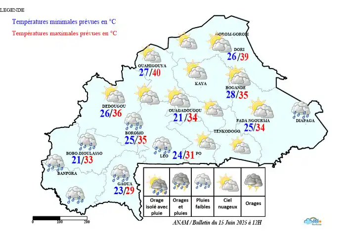 Image from METEO-Burkina (ANAM): ℹ️ Météo du Dimanche 15 juin 2025 à 12h (valable jusqu’au Lundi 16 jui...