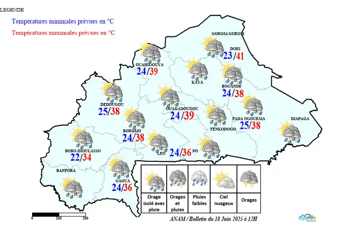 Image from METEO-Burkina (ANAM): ℹ️ Météo du mercredi 18 juin 2025 à 12h (valable jusqu’au Jeudi 19 jui...