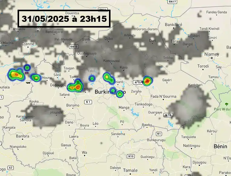 Image from METEO-Burkina (ANAM): ⛈INFO Météo du 31 mai 2025 à 23h15 Des orages isolés sont en cours d...