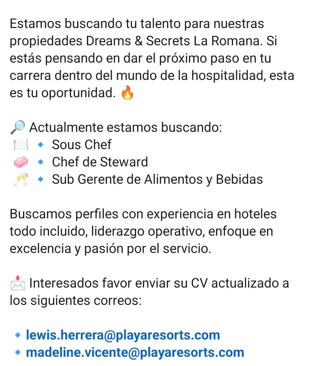 Image from Disi Mota Publicidad Empleos: La Romana  。lewis.herrera@playaresorts.com madeline.vicente@playaresor...