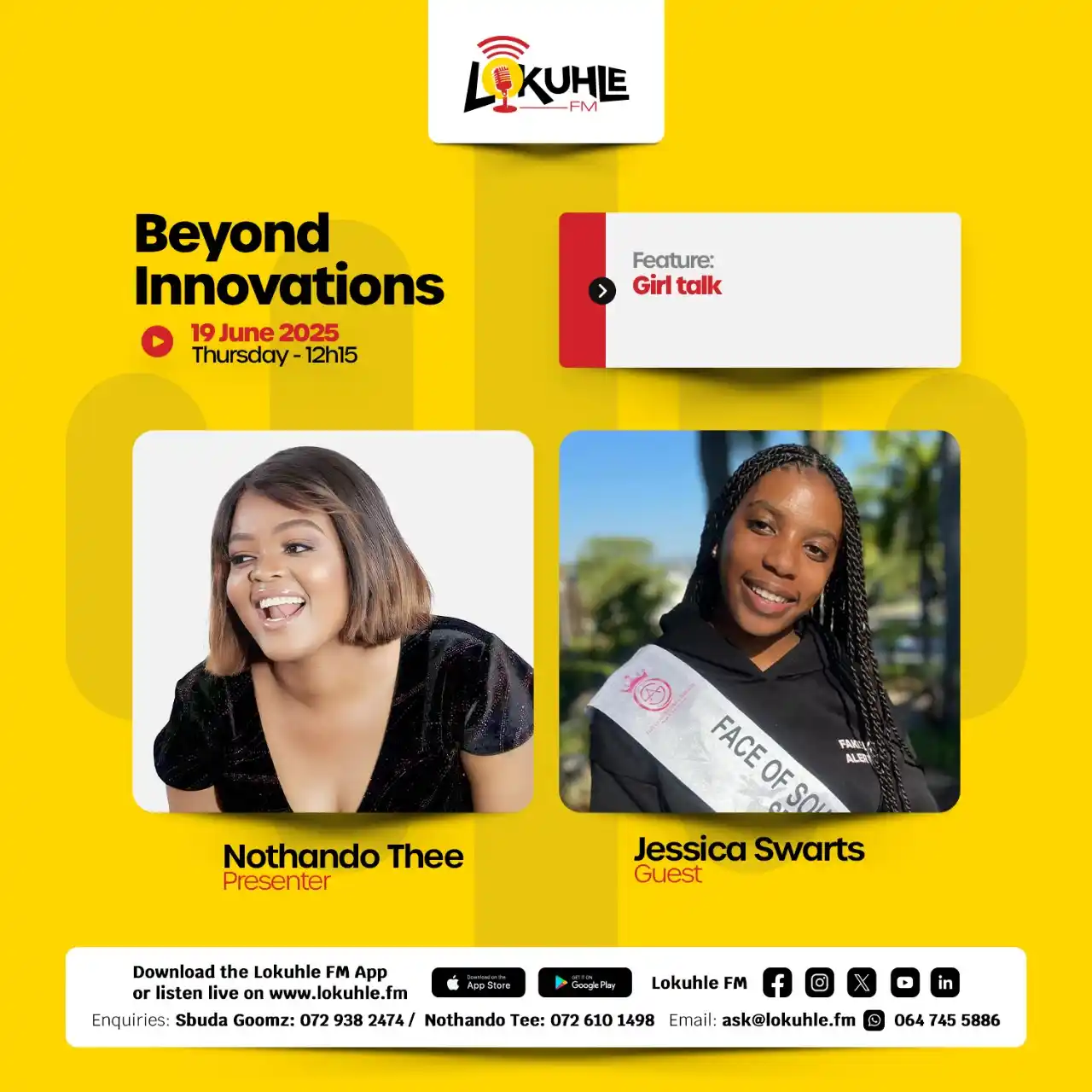 Image from Lokuhle FM: Let's have that girl talk with Jessica Swarts and Nothando Tee on Thur...