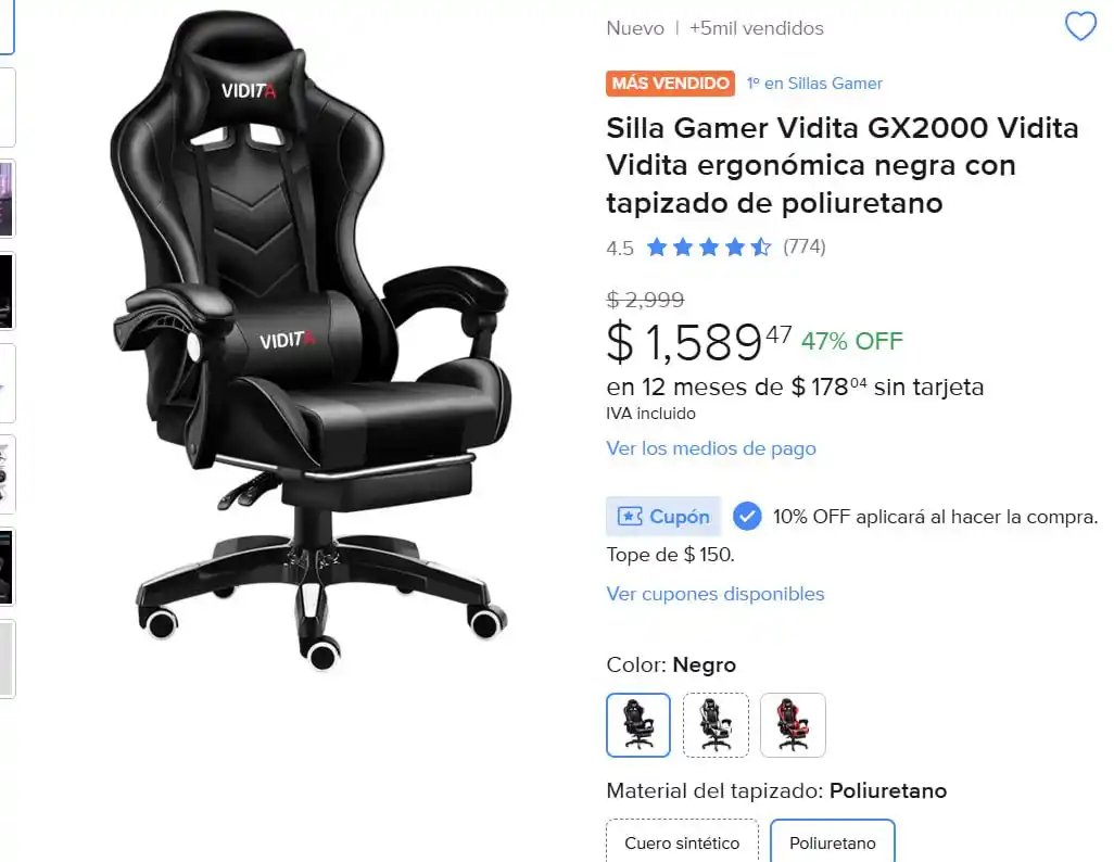 Image from Ofertones México : MercadoLibre: Silla Gamer Vidita GX2000 Vidita Vidita ergonómica negra...