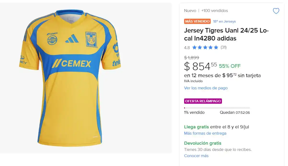 Image from Ofertones México : OFERTA RELAMPAGO JERSEY TIGRES UANL 24/25 LOCAL IN4280 ¡NO TE LO PIERD...