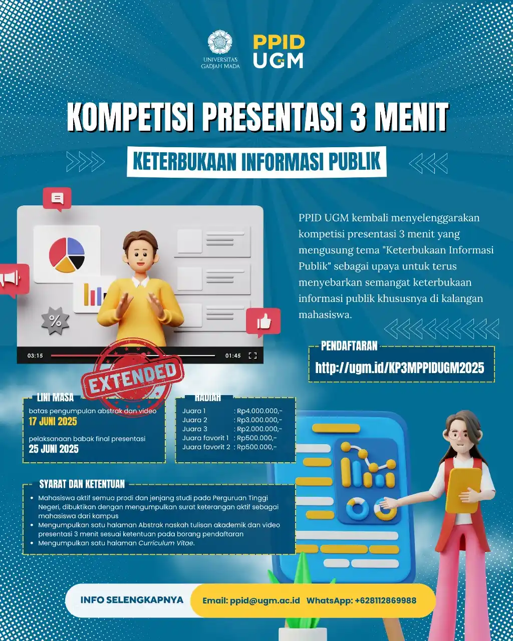Image from 1001 Kegiatan UGM: 🚨 *PENDAFTARAN DIPERPANJANG!* 🚨  Kompetisi Presentasi 3 Menit Keterb...
